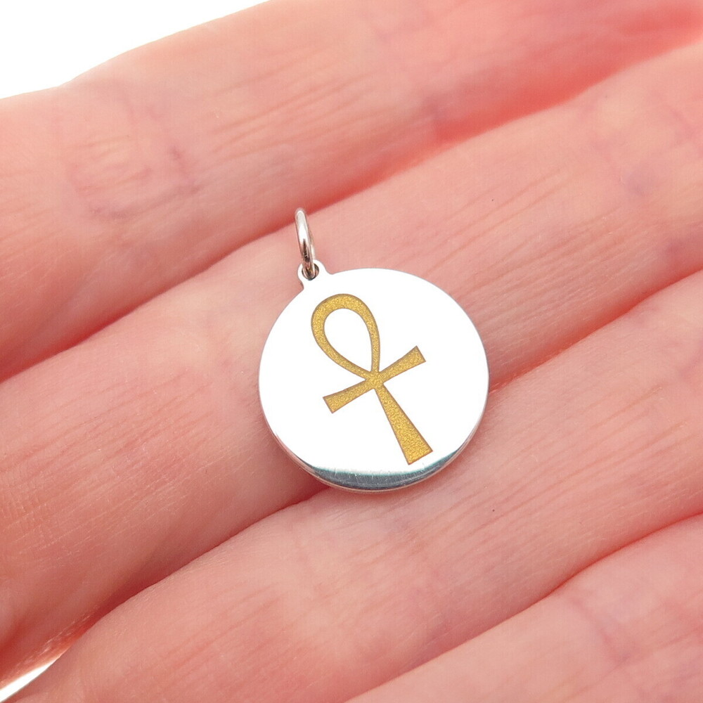 925 Sterling Silver Mustard Enamel Egyptian Ankh Round Tag Mini Charm Pendant